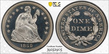 1859 10C PR65DCAM
