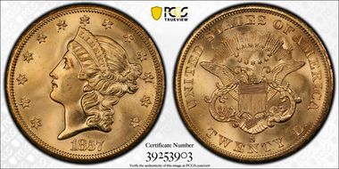 1857-S $20 MS65