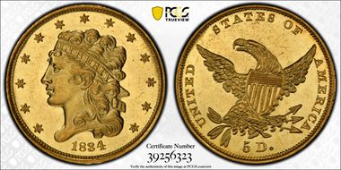 1834 $5 Classic Head, Plain 4 MS64PL