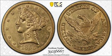 1855-S $5 AU55