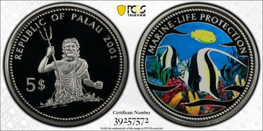 2001 $5 Morrish Idol Fish KM-75 Colorized Ag PR70DCAM