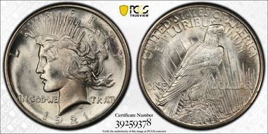 1921 $1 High Relief, Peace MS65