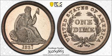 1837 10C Seated, Large Date MS65PL