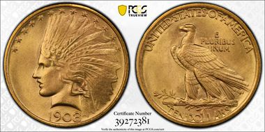 1908 $10 No Motto MS66