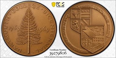 1969-P Medal D1969-4b Matte Bronze Dartmouth 200th Anniv SP68