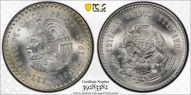 1947-Mo 5 Peso Cuauhtemoc KM-465 Ag MS66