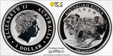 2014-P $1 Koala w/ 马年吉祥 Ag MS70