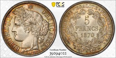 1870-A 5 Fr Gad-743 F-333 Cérès Avec légende MS64