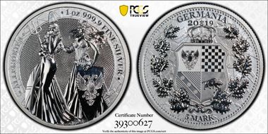 2019 "5 Mk" Germania - Fantasy Issue Britannia & Germania 1oz Ag MS69