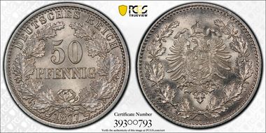1877-C 50 Pfg Type II With Wreath J-8 MS67