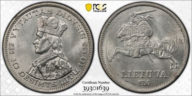 1936 10 Litu KM-83  Ag MS62