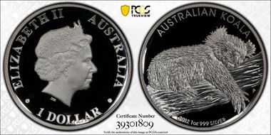 2012-P $1 Koala Ag High Relief PR70DCAM