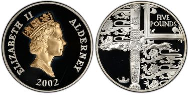 2002 £5 Golden Jubilee Ag Coat of Arms PR67DCAM