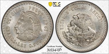 1947-Mo 5 Peso Cuauhtemoc KM-465 Ag MS64