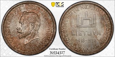 1938 10 Litu Republic  ↑↑ KM-84 Ag MS66