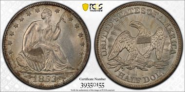 1853 50C Arrows & Rays MS63+