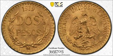 1919-Mo 2 Peso KM-461  Au MS65