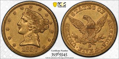 1857-S $5 AU55