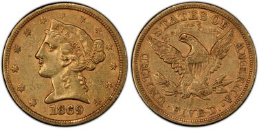 1869-S $5 AU53