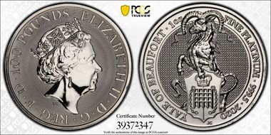 2020 £100 Queen's Beasts - Yale Pt MS69