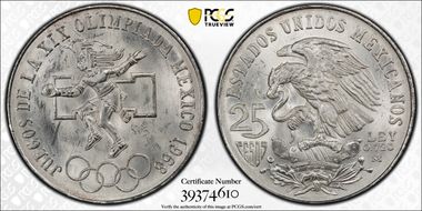 1968-Mo 25 Peso Olympic KM-479.2 Low Cntr Ring, Str. Tongue MS65