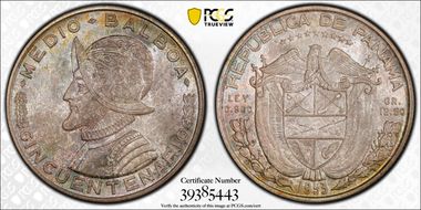 1953 1/2 B 50th Ann. Rep. of Panama KM-20  Ag MS66