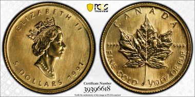 1991 $5 Maple Leaf/Au MS68