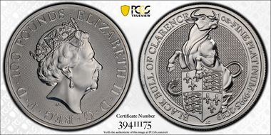 2019 £100 Black Bull of Clarence Pt MS68