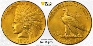 1907 $10 Indian, Wire Rim MS65