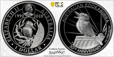 2020-P $1 Kookaburra Ag 30th Anniv. High Relief First Strike PR70DCAM