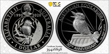 2020-P $1 Kookaburra Ag 30th Anniv. High Relief First Strike PR70DCAM