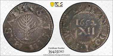 1652 Shilling Pine Tree, Lg Planchet, Rev. N XF40