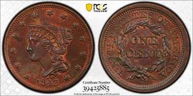 1843 1C Petite Head, Lg Letters MS63BN