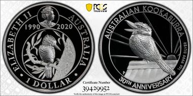 2020-P $1 Kookaburra Ag 30th Anniv. High Relief First Strike PR70DCAM