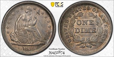 1838 10C No Drapery, Large Stars AU58