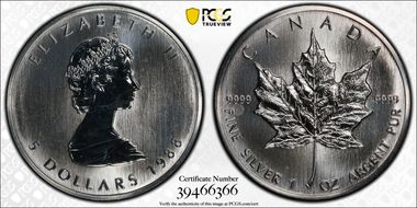1988 $5 Maple Leaf 1oz Ag MS65