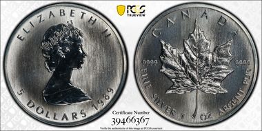 1989 $5 Maple Leaf 1oz Ag MS66