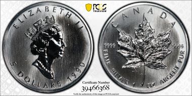 1990 $5 Maple Leaf 1oz Ag MS68