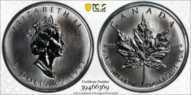 1991 $5 Maple Leaf/Ag MS67