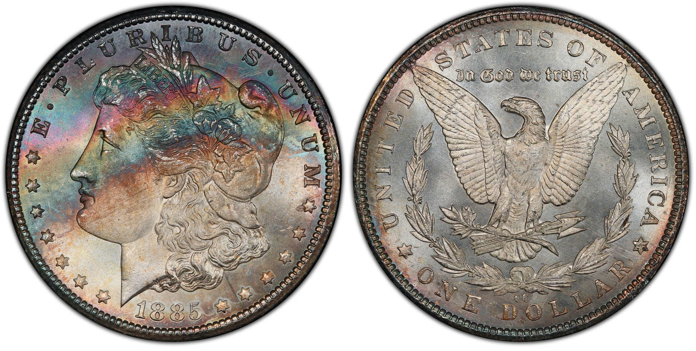 1885-CC morgan dollar — obverse and reverse, graded MS68
