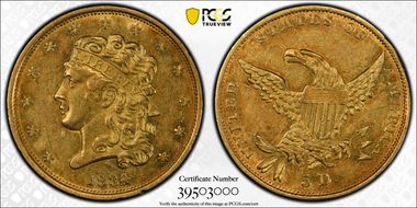 1834 $5 Classic Head, HM-7 AU55