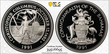 1991 $5 KM-132 Columbus PR69DCAM