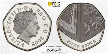 2008 50p S-H18 Royal Arms Section Ag PR69DCAM