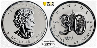 2018 $5 Maple Leaf Ag 30th Anniv. Modified Rev PR PR69