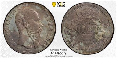 1866-Pi Peso Maximilian KM-388.2 Ag AU53