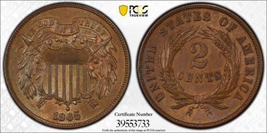 1865 2C Plain 5 MS62BN