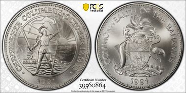 1991 $5 KM-132 Columbus MS70