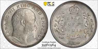 1908(C) 1/2 Rup SW-7.66 AU58