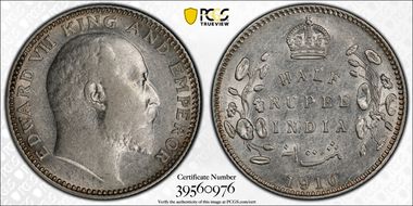 1910(C) 1/2 Rup SW-7.70 Prid-314 AU50