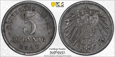 1919-E 5 Pfg J-297 AU58